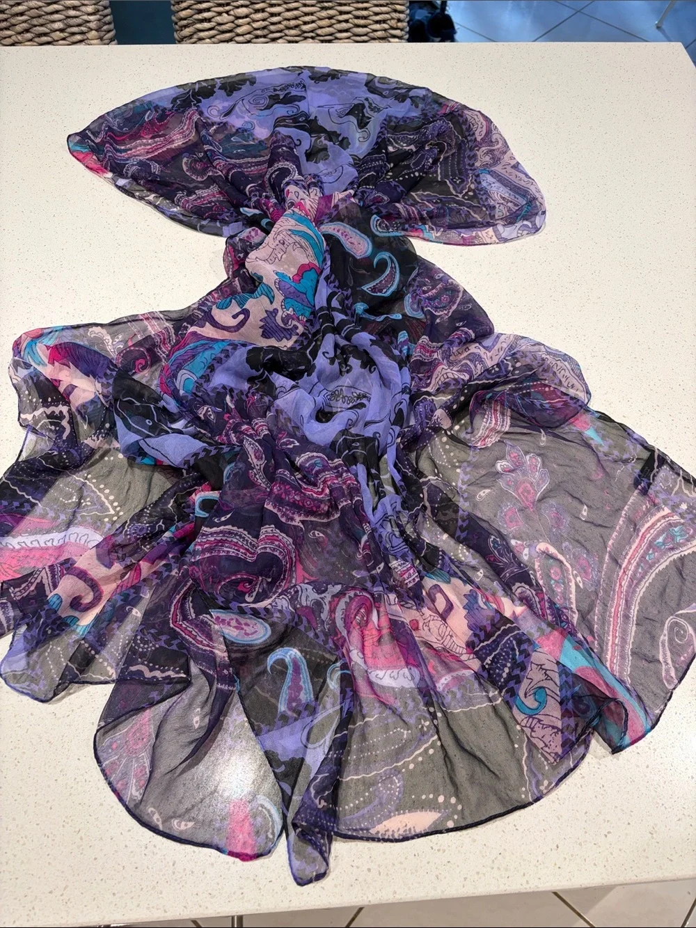 Cynthia Rowley Purple Paisley Sheer Scarf with Pink & Blue Accents